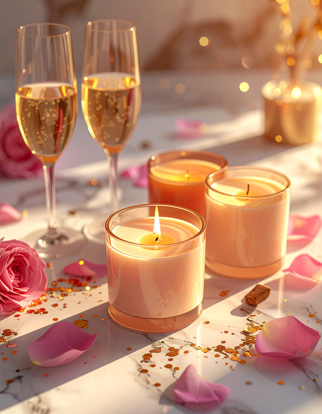 Three lit Big Long Wick candles with wooden wicks glowing among rose petals and champagne, warm golden light